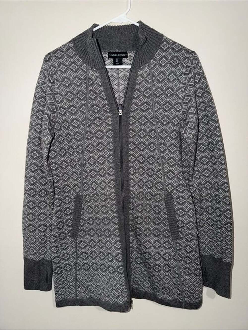 Cynthia Rowley Women’s Medium Gray Geometric Zip Front Knit Cardigan